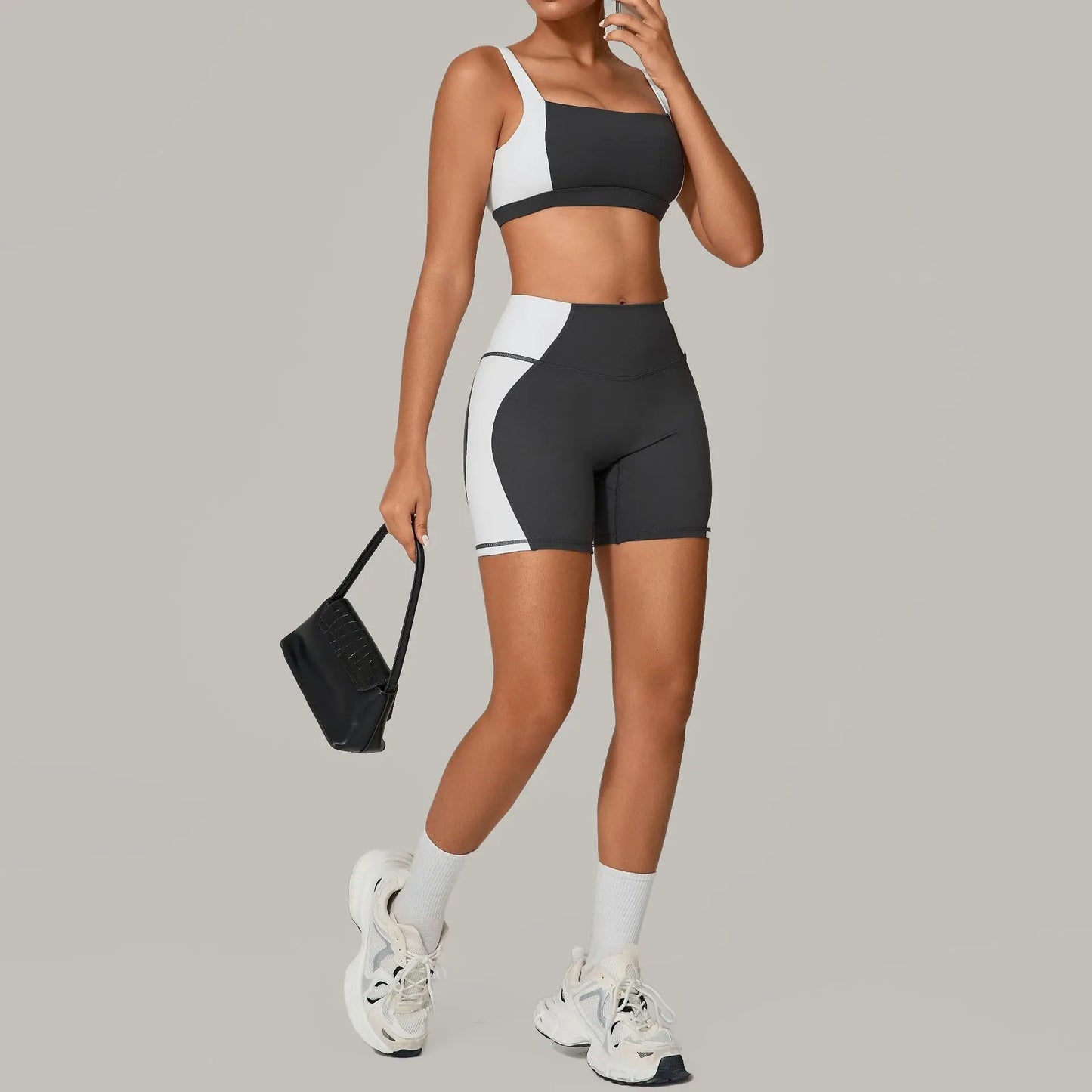 Patchwork Backless Sports Skinny Shorts Set Women 2 Pieces Sportwear Gym Workout Clothes Female Fitness Training Suit Yoga Wear