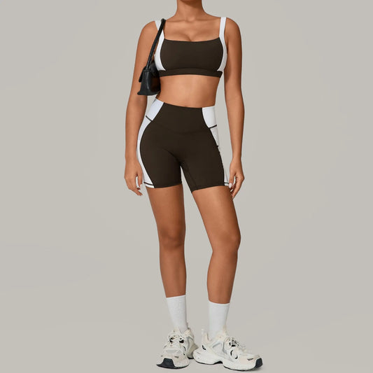Patchwork Backless Sports Skinny Shorts Set Women 2 Pieces Sportwear Gym Workout Clothes Female Fitness Training Suit Yoga Wear
