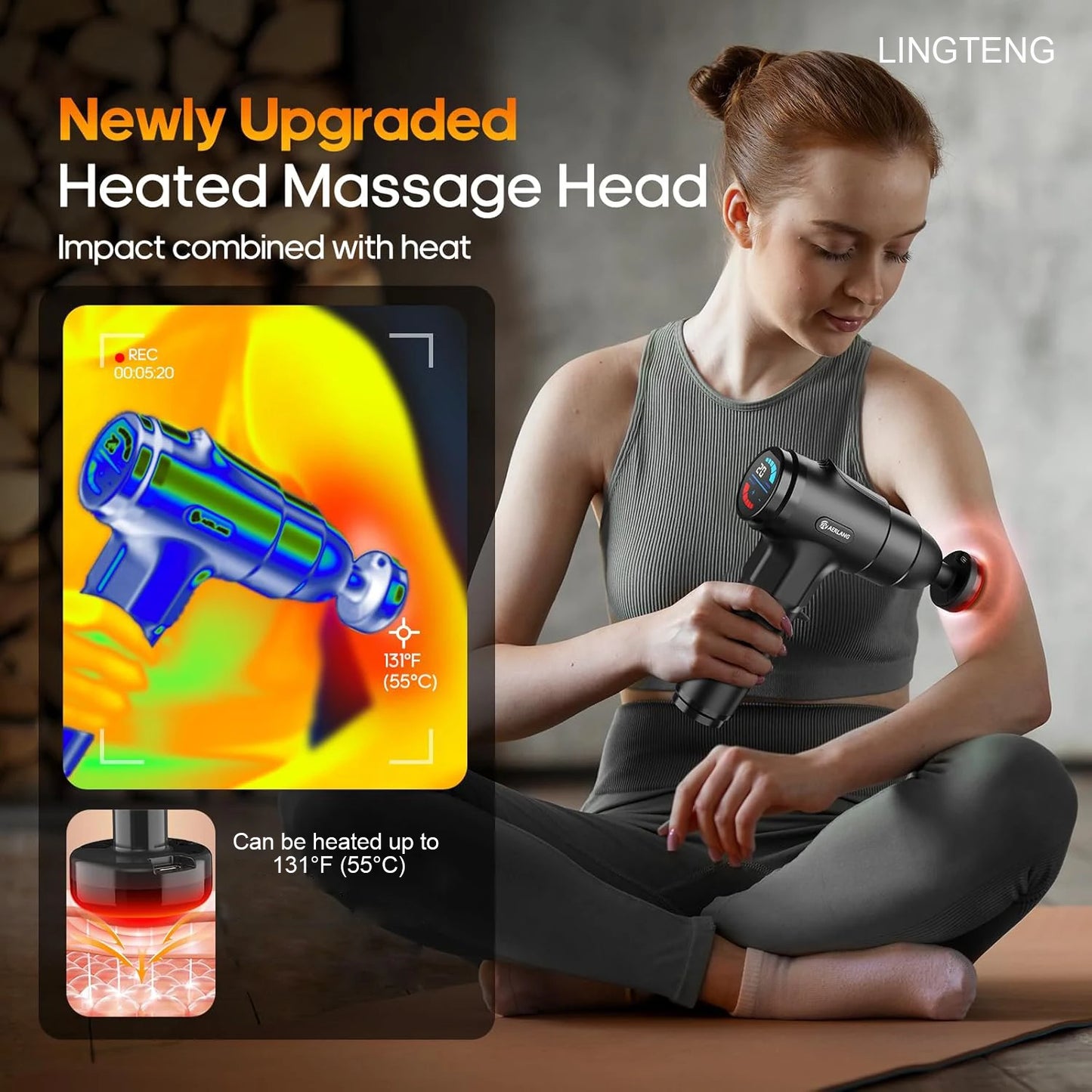 LINGTENG Heating Massage Gun, Deep Tissue Massage Gun, Back and Neck Massager, Muscle Percussion Massager, Silent Fascia Gun, Handheld Massager, 7 Massage Heads, Comes with a Storage Case, Christmas Gift, Birthday Gift, Sport
