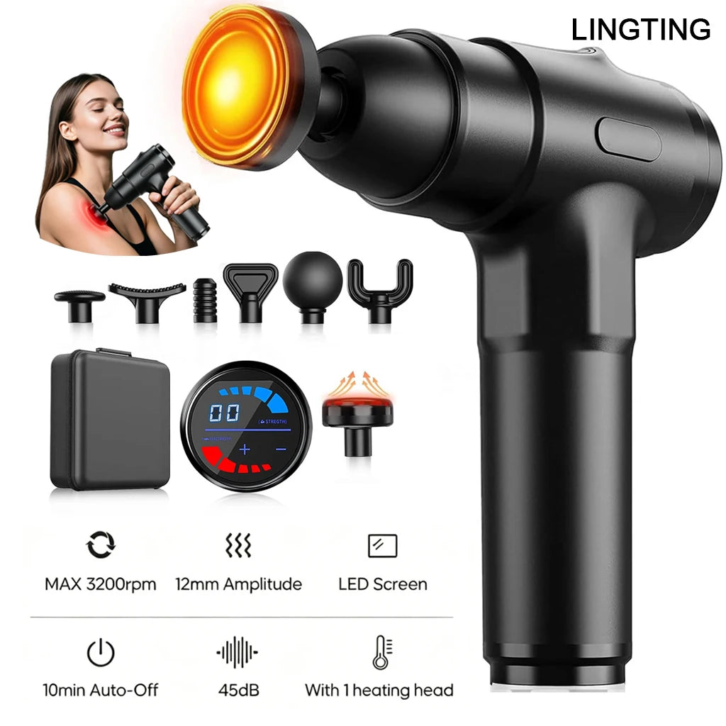 LINGTENG Heating Massage Gun, Deep Tissue Massage Gun, Back and Neck Massager, Muscle Percussion Massager, Silent Fascia Gun, Handheld Massager, 7 Massage Heads, Comes with a Storage Case, Christmas Gift, Birthday Gift, Sport