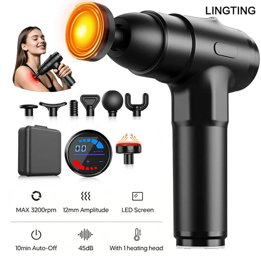 LINGTENG Heating Massage Gun, Deep Tissue Massage Gun, Back and Neck Massager, Muscle Percussion Massager, Silent Fascia Gun, Handheld Massager, 7 Massage Heads, Comes with a Storage Case, Christmas Gift, Birthday Gift, Sport