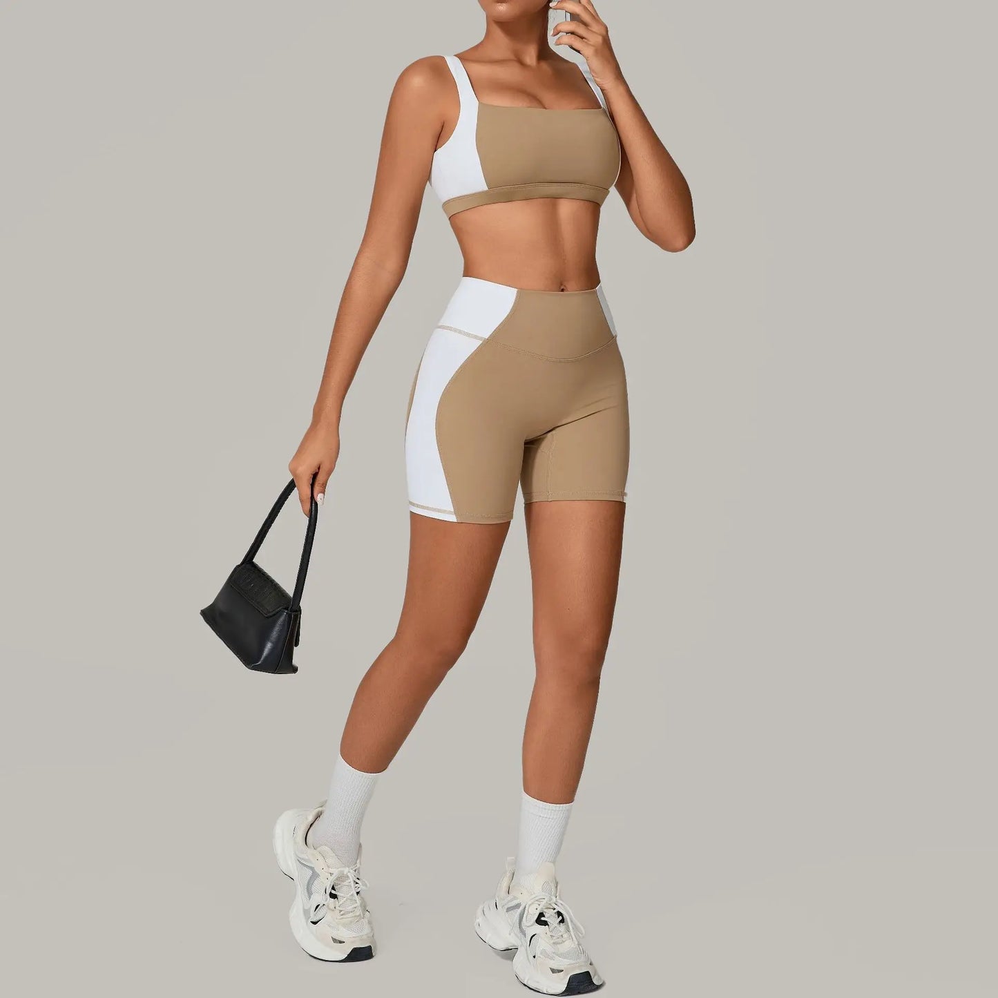 Patchwork Backless Sports Skinny Shorts Set Women 2 Pieces Sportwear Gym Workout Clothes Female Fitness Training Suit Yoga Wear