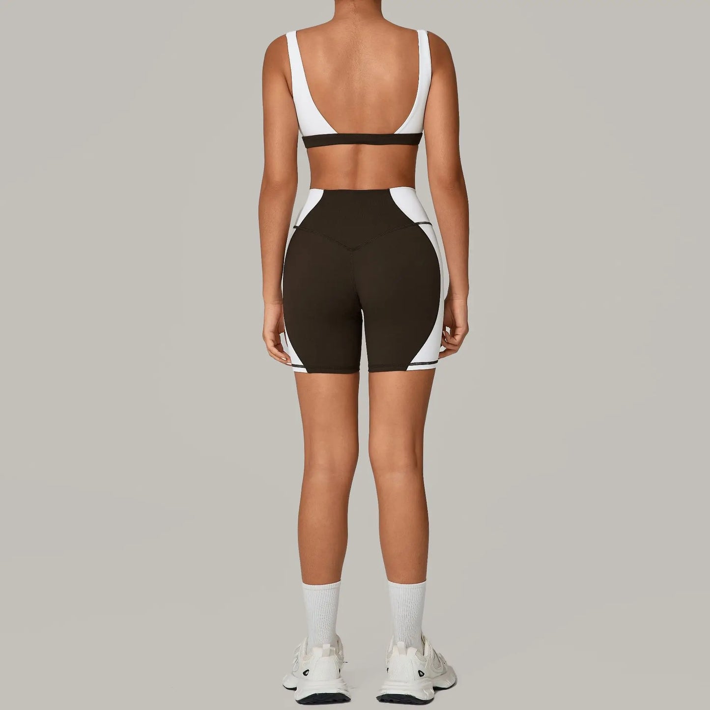 Patchwork Backless Sports Skinny Shorts Set Women 2 Pieces Sportwear Gym Workout Clothes Female Fitness Training Suit Yoga Wear